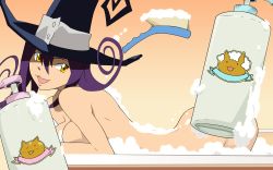  00s 1girl :3 back_scrubber bath bathtub blair_(soul_eater) breasts bubble_bath hat highres nude purple_hair soap solo soul_eater wallpaper witch witch_hat yellow_eyes  rating:Questionable score:27 user:danbooru