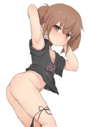 1girl absurdres armpits arms_behind_head arms_up ass black_choker black_panties black_shirt blush bottomless brown_eyes brown_hair choker closed_mouth clothes_writing commentary_request earrings english_text female_focus hair_between_eyes heart heart_earrings highres jewelry loli loli_bitch_island long_hair looking_at_viewer naughty_face navel original panties panty_pull print_shirt renga_(yakihebi) seductive_smile shirt short_sleeves side-tie_panties sidelocks simple_background smile solo t-shirt twintails underwear white_background yakihebi rating:Questionable score:190 user:danbooru
