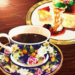  coffee cup food food_focus frying-ammonite no_humans original pie pie_slice plate saucer table teacup wooden_table 