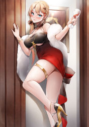  1girl absurdres azur_lane bare_shoulders black_dress black_footwear blonde_hair blue_eyes blush bow bracelet breasts brown_bow cup drawing_(object) dress drinking_glass feet_out_of_frame hair_bow hair_ornament hairclip hand_on_wall high_heels highres holding holding_cup howe_(azur_lane) howe_(evening_marvels)_(azur_lane) jewelry lips long_hair looking_at_viewer lubikaya medium_breasts multicolored_clothes multicolored_dress multicolored_hair official_alternate_costume open_mouth red_dress ring solo standing standing_on_one_leg streaked_hair thighs underboob wine_glass  rating:Sensitive score:23 user:danbooru