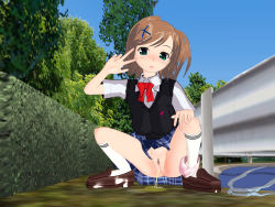 1girl 3d 3d_custom_girl bag black_sweater_vest blue_eyes blue_skirt blush bookbag bow bowtie breasts brown_footwear brown_hair bush eroi_hito grass hair_ornament hand_on_own_knee heart heart_print kneehighs long_hair looking_at_viewer medium_breasts open_mouth panties panties_around_one_ankle peeing pink_panties plaid plaid_skirt ponytail print_sweater pubic_hair puddle pussy red_neckwear school_uniform shirt shoes short_sleeves side_ponytail skirt sky smile socks squatting sweater sweater_vest tree underwear white_shirt white_socks x_hair_ornament rating:Explicit score:8 user:cpee