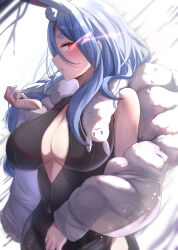  1girl animal_ears black_dress blue_hair breasts cleavage_cutout clothing_cutout coat commentary_request don-chan_(usada_pekora) dress glowing glowing_eye hashira_14 highres hololive large_breasts long_hair long_sleeves looking_at_viewer mature_female parted_lips pekomama rabbit_ears rabbit_girl red_eyes sleeveless sleeveless_dress solo virtual_youtuber white_coat 