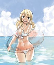  1girl bikini blonde_hair breasts brown_eyes cleavage cloud day fairy_tail front-tie_bikini_top front-tie_top innertube large_breasts long_hair lucy_heartfilia mashima_hiro navel ocean official_art open_mouth see-through sky smile solo swim_ring swimsuit tattoo thigh_gap wading water wet  rating:Questionable score:86 user:Locke831