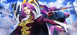  1girl arm_up artist_request ascot blue_sky breasts cape city cloud coat code_geass code_geass:_lost_stories cornelia_li_britannia day female_focus forehead game_cg glint gloucester_(code_geass) gloves hair_intakes happy high_collar highres juliet_sleeves large_breasts lipstick long_hair long_sleeves looking_at_viewer makeup mecha military_uniform non-web_source official_art outdoors outstretched_arm parted_lips puffy_sleeves purple_eyes purple_hair purple_lips red_coat robot sidelocks sky smile smoke solo standing teeth uniform upper_body v-shaped_eyebrows white_ascot white_cape white_gloves 