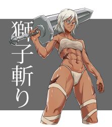  1girl abs absurdres bandaged_leg bandages blonde_hair chinese_commentary dark-skinned_female dark_skin elden_ring fighting_stance grey_background highres holding holding_sword holding_weapon huge_weapon medium_hair muscular muscular_female nude orange_eyes original over_shoulder red_eyes scar scar_on_arm scar_on_leg scar_on_stomach shadow shiny_skin solo sword sword_over_shoulder tan tarnished_(elden_ring) thick_thighs thighs tomboy translation_request two-tone_eyes weapon weapon_over_shoulder white_background zealadair 