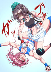  2girls abs adapted_costume aqua_hat blood blood_on_face blue_background catfight commentary_request commission elbow_pads fingerless_gloves garrison_cap gloves gradient_background grey_hair hat i-168_(kancolle) kantai_collection long_hair lying mixed_martial_arts mma_gloves multiple_girls pixiv_commission punching red_hair santos scamp_(kancolle) shorts sports_bra straddling white_shorts 