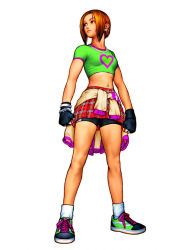  1girl bike_shorts bracelet clenched_hand fingerless_gloves full_body gloves jewelry midriff moe_habana mori_toshiaki navel necklace official_art shirt shoes skirt sneakers snk solo t-shirt the_king_of_fighters  rating:Sensitive score:18 user:Disastra