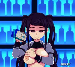 1girl alcohol alternate_breast_size animated animated_gif artist_name bar_(place) black_hair bottle breasts brown_eyes clothes_lift commentary holding holding_bottle jill_stingray long_hair looking_at_viewer medium_breasts nipples pouring pouring_onto_self shelf shirt_lift signature smile solo spicy_bardo topless twintails upper_body va-11_hall-a  rating:Questionable score:117 user:danbooru