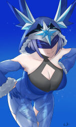  absurdres bare_shoulders blue_background blue_bodysuit blue_coat blue_gloves blue_hair bodysuit breasts chenxing cicin_mage_(genshin_impact) coat cryo_cicin_mage_(genshin_impact) diamond_cutout eye_mask fur_trim genshin_impact gloves half_gloves highres hood hood_up large_breasts short_hair 