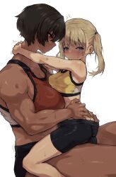  2girls blonde_hair blue_eyes breasts brown_hair carrying carrying_person dark-skinned_female dark_skin dry_humping futa_with_female futanari gym_uniform height_difference highres humping kei_(m_k) large_breasts long_hair m_k multiple_girls original red_eyes rika_(m_k) short_hair simple_background size_difference sweat tall tall_female tan tomboy 