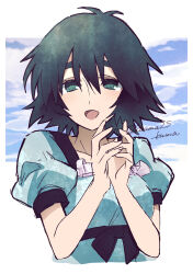  1girl :d artist_name black_hair blue_dress blue_sky border breasts cloud cloudy_sky collarbone commentary dress green_eyes hair_between_eyes highres kuuma25_kuma large_breasts looking_at_viewer messy_hair open_mouth outdoors own_hands_together puffy_short_sleeves puffy_sleeves shiina_mayuri short_hair short_sleeves signature sketch sky smile solo steins;gate symbol-only_commentary thick_eyebrows upper_body w_arms white_border 