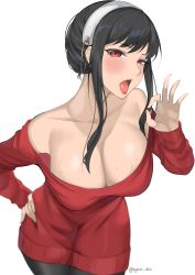  1girl absurdres black_hair breasts cleavage fellatio_gesture hand_on_own_hip highres large_breasts leaning_forward legs lipstick looking_at_viewer makeup mature_female mature_female open_mouth red_eyes sexually_suggestive sleeveless solo spy_x_family sweat sweater thighs tongue tongue_out yor_briar  rating:Questionable score:135 user:spk