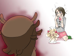 1girl alcremie alcremie_(caramel_swirl) alcremie_(strawberry_sweet) aura bad_id bad_pixiv_id brown_hair can_(pixiv33249519) commentary_request creature creatures_(company) energy food fruit game_freak gen_8_pokemon gloria_(pokemon) greedent grey_eyes highres nintendo pokemon pokemon_(creature) pokemon_swsh short_hair simple_background strawberry white_background