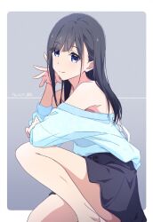  1girl bare_shoulders black_hair black_skirt blue_eyes blue_shirt closed_mouth commentary_request dated eyes_visible_through_hair gradient_background grey_background highres legs long_hair looking_at_viewer monai-chan_(nii_manabu) nii_manabu original shirt signature sitting skirt smile solo thighs 