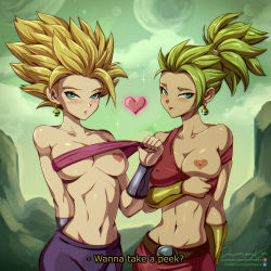  2girls arm_behind_back bandeau blonde_hair blue_eyes breasts caulifla collarbone commentary covered_erect_nipples dragon_ball dragon_ball_super earrings english_text green_hair groin heart heart_pasties highres jammeryx jewelry kale_(dragon_ball) medium_breasts midriff moon multiple_girls navel one_breast_out pasties ponytail potara_earrings red_lips signature single_earring smile sparkle spiked_hair super_saiyan super_saiyan_1 twitter_logo twitter_username vambraces  rating:Questionable score:262 user:danbooru