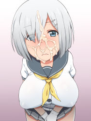 1girl blue_eyes blush breasts closed_mouth cum cum_on_hair elf_k embarrassed eyebrows facial full-face_blush gloves hair_over_one_eye hamakaze_(kancolle) highres kantai_collection large_breasts legs looking_at_viewer own_hands_together school_uniform short_hair simple_background skirt solo thighs white_gloves white_hair rating:Explicit score:28 user:Ynyswydryn