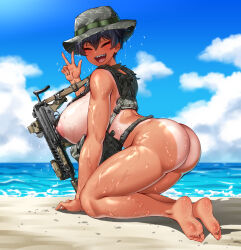  1girl absurdres all_fours ass assault_rifle beach black_hair blue_sky blush boonie_hat breasts camouflage camouflage_headwear closed_eyes cloud commentary daewoo_k2 english_commentary from_side gun gun_sling hair_between_eyes highres hitch_(perotoss) huge_breasts load_bearing_vest nipples ocean open_mouth optical_sight original outdoors rifle sand sergeant_joo sharp_teeth short_hair sky smile soles solo suppressor tan tanline teeth toes tomboy upper_teeth_only w weapon wet  rating:Questionable score:81 user:danbooru