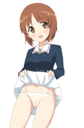 10s 1girl blush breasts brown_eyes brown_hair cameltoe censored cleft_of_venus clothes_lift embarrassed female_focus female_pubic_hair girls_und_panzer highres lifting_own_clothes long_sleeves medium_breasts navel nishizumi_miho ooarai_school_uniform open_mouth panties pubic_hair pussy school_uniform see-through shirt short_hair simple_background skirt skirt_lift solo standing sweat tanuxu underwear white_background white_panties