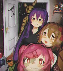  3girls 3others absurdres animal_ears blazer bow brown_eyes brown_hair character_doll commentary doki_doki_literature_club door english_commentary five_nights_at_freddy&#039;s glowing glowing_eyes hair_bow halloween highres jacket long_hair monika_(doki_doki_literature_club) multiple_girls multiple_others nyztsune open_mouth pink_hair pomni_(the_amazing_digital_circus) ponytail purple_eyes purple_hair rabbit_ears red_bow school_uniform short_hair silk smile spider_web springtrap television the_amazing_digital_circus vhs_artifacts white_bow zombie_costume  rating:General score:25 user:danbooru