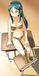  1girl animal_print awatake_takahiro bikini boots breasts commentary_request cone_horns dated desk full_body green_hair hand_on_own_thigh highres horns long_hair looking_at_viewer lum medium_breasts navel on_desk oni partial_commentary pointy_ears sitting on_desk smile solo strapless strapless_bikini swimsuit tiger_print urusei_yatsura 