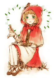 1girl basket bird blonde_hair dress green_eyes highres hood little_red_riding_hood little_red_riding_hood_(grimm) looking_at_viewer nora_bo open_mouth short_hair smile solo 