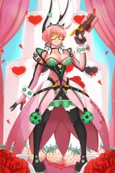 1girl ahoge alternate_costume animal_ears arc_system_works boots breasts cake cleavage clover dress elbow_gloves elphelt_valentine food four-leaf_clover fruit gloves goggles green_eyes guilty_gear guilty_gear_xrd gun jellcaps large_breasts looking_at_viewer pantyhose parted_lips pink_hair rabbit_ears shiny_skin short_hair smile solo strawberry thigh_boots thighhighs weapon wedding_cake rating:Sensitive score:9 user:armorcrystal