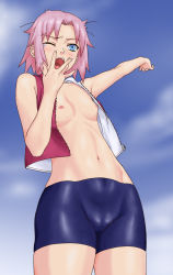  1girl abs arm_up bare_arms bike_shorts blue_eyes blue_sky blush cameltoe cloud cloudy_sky cowboy_shot crotch flat_chest green_eyes haruno_sakura looking_to_the_side messy_hair naruto naruto_(series) navel nipples okiyumi_kase one_eye_closed open_clothes open_shirt pink_hair shiny_clothes shirt short_hair shorts skin_tight skindentation sky sleepy solo spandex stretching unzipped vest yawning zipper  rating:Questionable score:66 user:danbooru