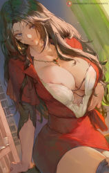 1girl black_hair blue_eyes blush breasts cattleya_baudelaire cleavage collarbone cutesexyrobutts dress earrings highres jewelry large_breasts long_hair looking_at_viewer messy_hair navel necklace purple_eyes red_dress smile solo thick_thighs thighhighs thighs violet_evergarden_(series) zettai_ryouiki rating:Sensitive score:147 user:danbooru