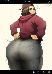 1boy ass black_hair brown_eyes curvy eyebrows hat hood hoodie huge_ass jujunaught looking_back male_focus original pants pantylines plump short_hair solo thick_thighs thighs trap viewfinder wide_hips rating:Questionable score:99 user:redlight1