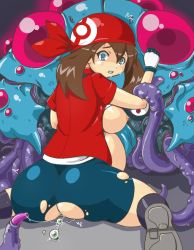  0k0j0 ass bike_shorts blue_eyes breasts brown_hair clenched_teeth creatures_(company) egg egg_laying game_freak gen_1_pokemon huge_ass latex may_(pokemon) nintendo pokemon pokemon_(creature) pregnant red_eyes saliva stomach_bulge sweat tears teeth tentacles tentacruel  rating:Explicit score:123 user:xtrecklage