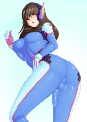  1girl ass bodysuit breasts brown_eyes brown_hair bulge d.va_(overwatch) futanari gradient_background headphones looking_at_viewer looking_back necrosmos overwatch overwatch_1 penis shiny_clothes skin_tight solo testicles white_background  rating:Explicit score:141 user:rttd