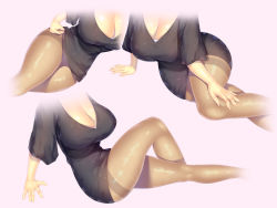  1girl a.x. arm_support black_dress black_pantyhose breasts cleavage dress hand_on_own_leg head_out_of_frame large_breasts legs lying on_side original pantyhose pink_background short_sleeves sitting thighband_pantyhose thighs  rating:Sensitive score:63 user:danbooru