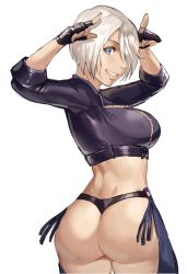  1girl angel_(kof) ass black_gloves blue_eyes breasts fingerless_gloves gloves grin hanny_(uirusu_chan) highres index_fingers_raised large_breasts looking_at_viewer looking_back short_hair sideboob smile snk the_king_of_fighters thighhighs thighs thong white_hair  rating:Questionable score:49 user:TheGreatIron