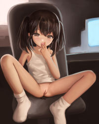 1girl black_hair bottomless brown_eyes chair cleft_of_venus crumbles female_focus highres licking licking_hand loli original pussy pussy_juice short_hair sitting smile socks solo spread_legs tank_top tongue tongue_out twintails uncensored white_socks white_tank_top rating:Explicit score:737 user:Dweenie