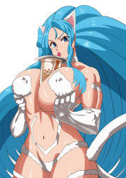 animal_ears bare_shoulders blue_eyes blue_hair breast_press breasts cat_ears cat_tail cup drink drinking_glass felicia_(vampire) hand_on_own_chest highres huge_breasts lemonbizate long_hair looking_at_viewer tail vampire_(game) very_long_hair rating:Questionable score:18 user:zombiespacial