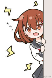  1girl :d blush brown_eyes brown_hair commentary_request fang grey_sailor_collar grey_skirt hair_between_eyes hair_ornament hairclip hands_up highres ikazuchi_(kancolle) kantai_collection lightning_bolt_symbol long_sleeves looking_at_viewer mitya open_mouth peeking_out pleated_skirt puffy_long_sleeves puffy_sleeves sailor_collar school_uniform serafuku shirt simple_background skirt smile solo translation_request twitter_username white_background white_shirt 
