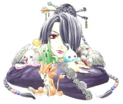  00s 1990s_(style) 1girl bare_shoulders black_hair blush_stickers braid cait_sith_(ff7) character_doll closed_mouth crown doll expressionless female_focus final_fantasy final_fantasy_vii final_fantasy_viii final_fantasy_x hair_bun hair_ornament hair_over_one_eye hair_stick hug jewelry kimagureneko koyokoyo lips lipstick long_sleeves looking_at_viewer lulu_(ff10) makeup mana_tohno mole mole_under_mouth moogle moomba nail_polish necklace pupu_(ff8) red_eyes retro_artstyle ring sabotender short_hair simple_background single_hair_bun smile solo square_enix stuffed_animal stuffed_toy upper_body white_background 