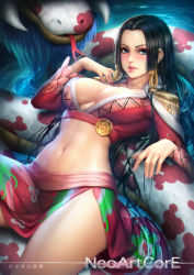 1girl artist_name black_hair boa_hancock breasts cleavage commentary earrings english_commentary forked_tongue jewelry licking_lips long_skirt nail_polish navel neoartcore one_piece pink_nails reclining ripples side_slit skirt smile snake snake_earrings solo stomach toned tongue tongue_out water wet rating:Sensitive score:81 user:danbooru