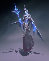  1other absurdres ambiguous_gender energy floating glowing glowing_eyes glowing_hands highres holding holding_staff horns original peterskore robe shadow solo staff wings 
