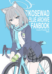  1girl absurdres animal_ear_fluff animal_ears bicycle blue_archive blue_eyes blue_jacket blue_necktie blue_scarf breast_pocket breasts collared_shirt cover cover_page cross_hair_ornament detached_collar dot_nose extra_ears gloves green_gloves grey_hair grey_skirt hair_between_eyes hair_ornament halo highres jacket light_blush light_smile long_sleeves manga_cover masabodo medium_hair mismatched_pupils necktie plaid plaid_skirt pleated_skirt pocket scarf school_uniform shiroko_(blue_archive) shirt single_glove skirt smile striped_clothes striped_scarf thighs white_shirt wolf_ears 