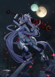  1girl absurdly_long_hair absurdres armor armored_boots bodysuit boots breasts club club_(weapon) covered_navel full_moon gauntlets gloves glowing glowing_eyes greaves grey_hair hi-ko highres holding_club horns long_hair looking_at_viewer mechanical_ears mechanical_horns medium_breasts moon multiple_moons original ponytail skin_tight smile solo spiked_club vambraces very_long_hair weapon white_bodysuit white_hair yellow_eyes 
