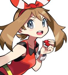  1girl :d bow bracelet brown_hair creatures_(company) game_freak grey_eyes hair_bow holding holding_poke_ball hyou_(hyouga617) jewelry looking_at_viewer may_(pokemon) nintendo open_mouth poke_ball poke_ball_(basic) pokemon pokemon_oras red_bow red_shirt shirt sleeveless sleeveless_shirt smile solo teeth upper_body upper_teeth_only white_background 