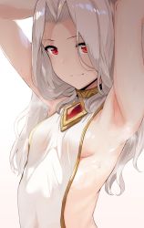 1girl absurdres armpits arms_up bare_arms breasts closed_mouth erune granblue_fantasy hews highres looking_at_viewer navel red_eyes scathacha_(granblue_fantasy) silver_hair small_breasts smile solo standing steaming_body sweat white_background rating:Questionable score:137 user:danbooru