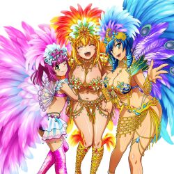  3girls bikini blonde_hair blue_eyes blue_hair blush breasts closed_eyes drill_hair drill_sidelocks feathers feet_out_of_frame gem gingira_paradise_mugen_carnival green_eyes headdress high_ponytail large_breasts long_hair looking_at_viewer medium_hair mole mole_under_eye multiple_girls navel non-web_source official_art one_eye_closed open_mouth photoshop_(medium) pink_hair pink_thighhighs samba shiny_skin showgirl sidelocks simple_background smile swimsuit thighhighs updo white_background 