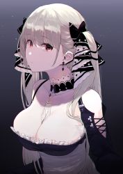  1girl azur_lane bare_shoulders between_breasts black_background black_collar black_dress black_ribbon breasts chromatic_aberration cleavage closed_mouth clothing_cutout collar collarbone commentary cross-laced_clothes cross-laced_sleeves dress earrings eightman formidable_(azur_lane) frilled_dress frills gradient_background grey_background grey_hair hair_between_eyes hair_ribbon highres jewelry large_breasts long_hair long_sleeves looking_at_viewer looking_to_the_side necktie necktie_between_breasts red_eyes ribbon shoulder_cutout sideways_glance solo twintails two-tone_dress two-tone_ribbon upper_body white_collar white_necktie white_ribbon 