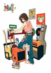  1girl absurdres arrow_(symbol) badge belt blue_pants brown_hair button_badge character_name copyright_name cropped_shirt denim electric_guitar foot_up from_behind guitar guitar_case hair_between_eyes highres hirasawa_yui holding holding_instrument instrument instrument_case jeans k-on! layered_clothes looking_down medium_hair null024 orange_belt pants pink_shirt poster_(object) profile record shirt shoes sleeveless sleeveless_shirt sneakers solo tuning_instrument undershirt white_footwear white_shirt 