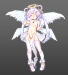  1girl blush cleft_of_venus feathered_wings female_focus full_body halo highres loli long_hair looking_at_viewer no_panties original pussy simple_background solo third-party_edit tsuda_shin_ouo uncensored wings  rating:Explicit score:61 user:bbyyccxx