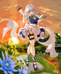  1girl absurdres ahoge blue_dress blue_eyes blurry blurry_foreground blush braid breasts cake cloud commentary dress edz_drawz english_commentary flower food full_body gloves grass highres holding holding_knife holding_plate izayoi_sakuya knife large_breasts looking_at_viewer maid medium_hair plate red_skirt side_braids skirt solo sunset thigh_strap touhou white_gloves white_hair 