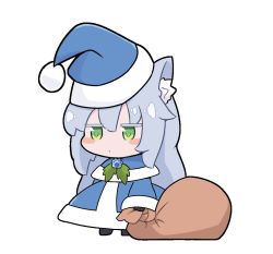 1girl alternate_costume animal_ear_fluff animal_ears arknights blush_stickers cat_ears chibi christmas closed_mouth commentary english_commentary expressionless green_eyes hat holding holding_sack kurotofu long_hair long_sleeves meme padoru_(meme) rosmontis_(arknights) sack santa_costume santa_hat solo rating:General score:8 user:danbooru