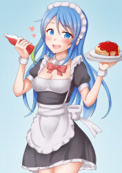  1girl alternate_costume anti_(untea9) apron black_dress blue_background blue_eyes blue_hair blush bottle breasts cleavage dress enmaided food frilled_apron frills fruit gradient_background heart highres holding kantai_collection long_hair looking_at_viewer maid maid_apron maid_headdress pancake plate puffy_short_sleeves puffy_sleeves samidare_(kancolle) short_sleeves small_breasts smile solo strawberry very_long_hair waist_apron waitress white_apron 